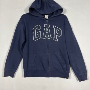 Vtg Y2K Gap Zip‎ Up Logo Hoodie Sweatshirt Kids XXL 14/16 Navy Blue Distressed
